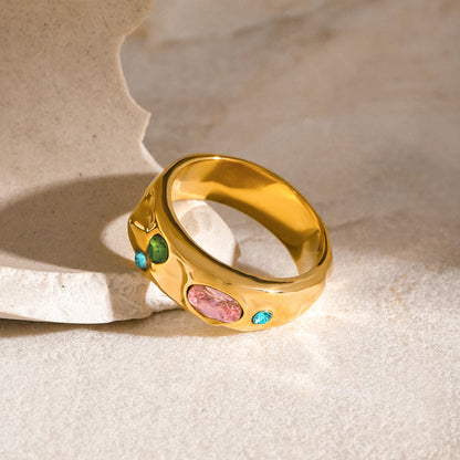Zirconia Boho Pink, Blue & Green Gemstone Gold Ring - Stainless Steel - Womens