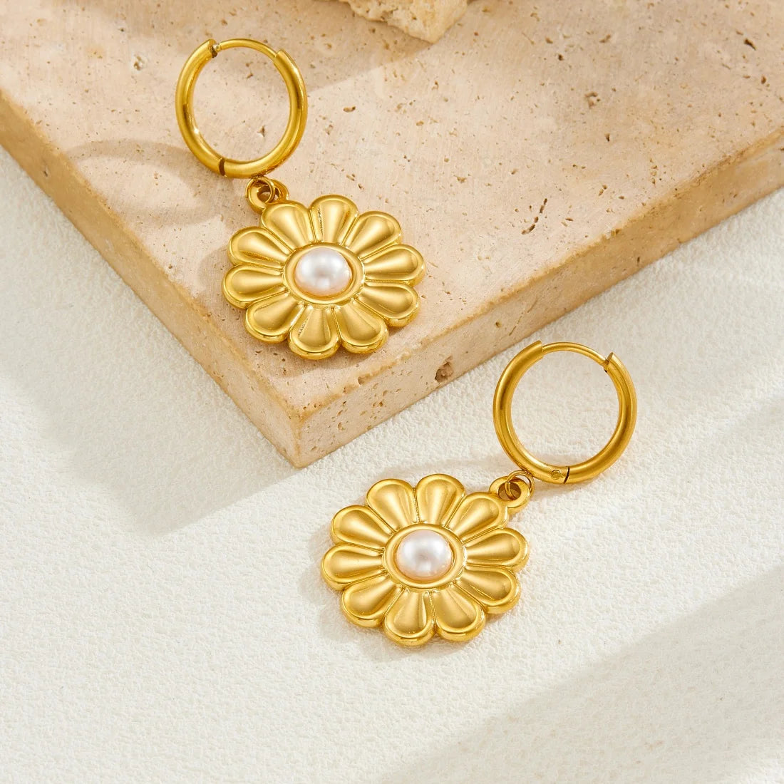 Boho Flower Pearl Pendant Gold Hoop Earrings - Womens