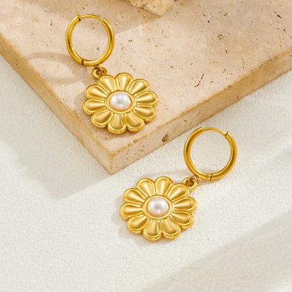 Boho Flower Pearl Pendant Gold Hoop Earrings - Womens