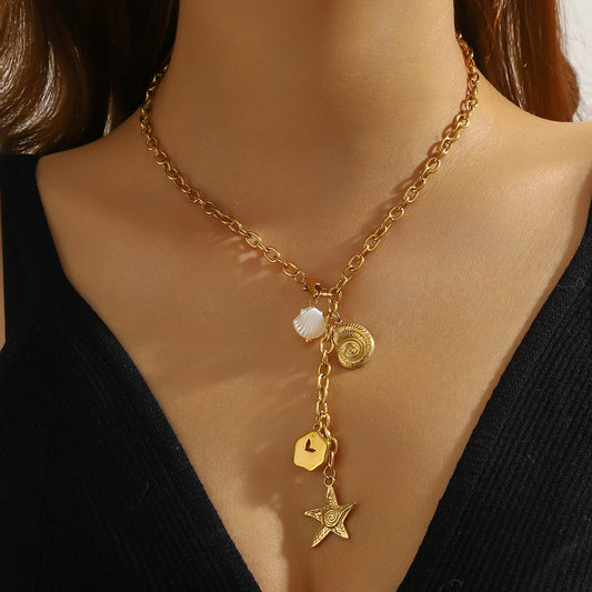 Boho Beach Starfish Conch Seashell Gold Lariat Pendant Charm Necklace - Womens