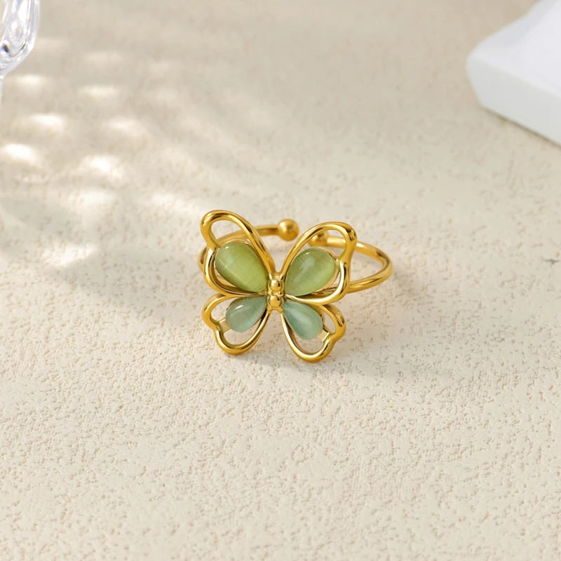 Y2K Butterfly Adjustable Gold and Green Ring - Womens