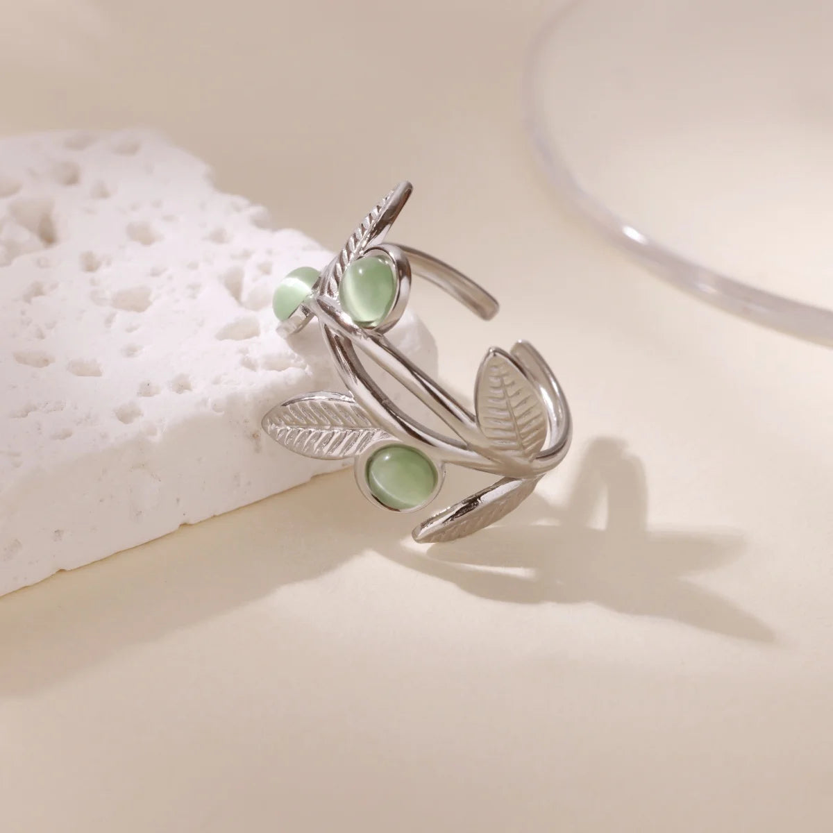 Boho Green Stone Gold & Silver Leaf Ring - Womens