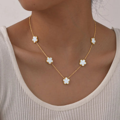 Leaf Clover Flower Pendant Gold Charm Necklace - Stainless Steel - Womens