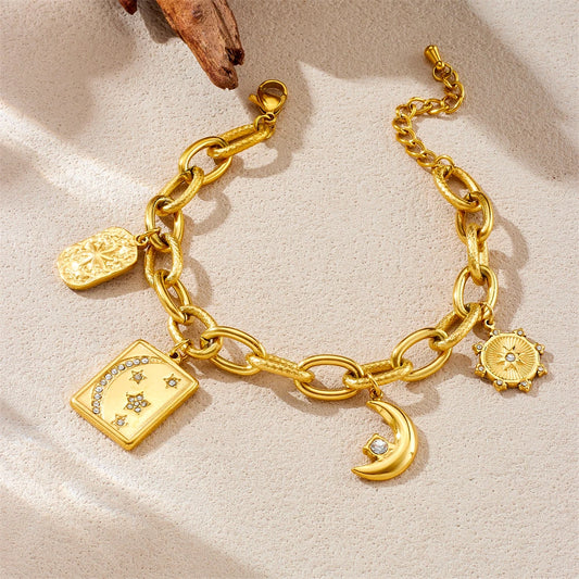 Zircon Inlay Celestial Star Sun and Moon Pendant Gold Charm Bracelet - Stainless Steel - Womens