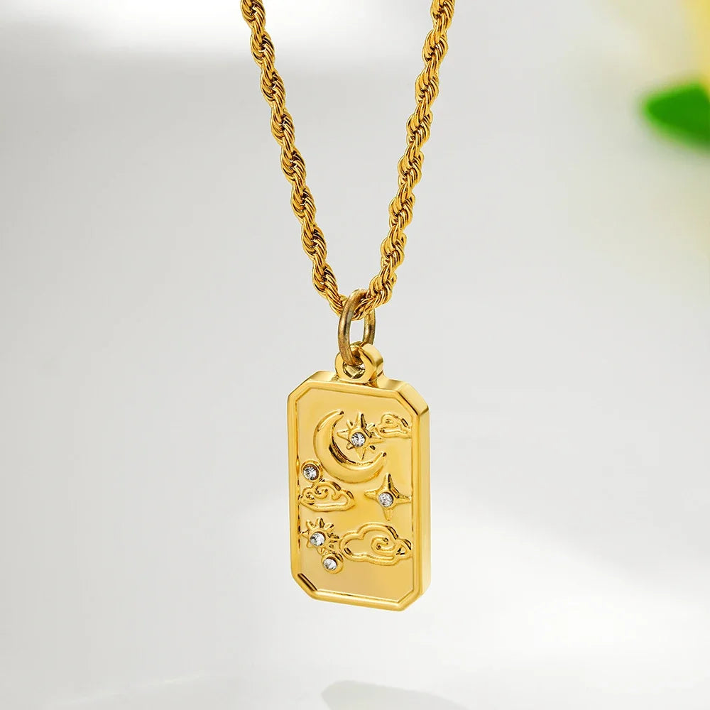 Vintage Tarot Cloud Star and Moon Gold Rope Chain Pendant Necklace - Womens