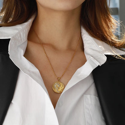Vintage Sun Star and Moon Gold Pendant Necklace - Stainless Steel - Womens