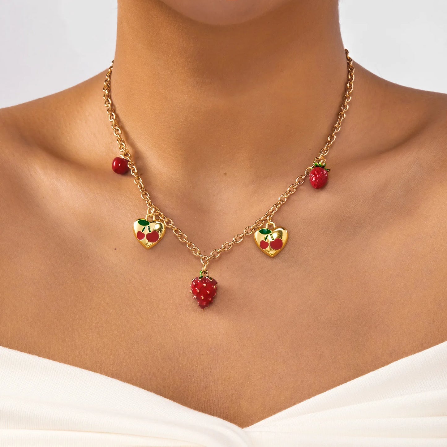 Y2K Strawberry Cherry Love Heart Pendant Gold Charm Necklace - Womens