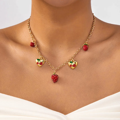 Y2K Strawberry Cherry Love Heart Pendant Gold Charm Necklace - Womens