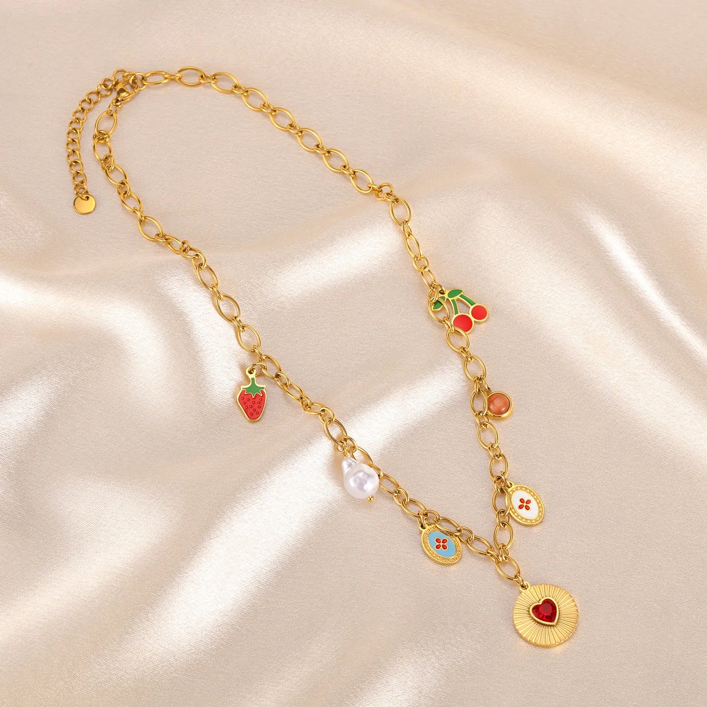 Ruby Strawberry Cherry Pearl Heart Pendant Gold Charm Necklace - Stainless Steel - Womens