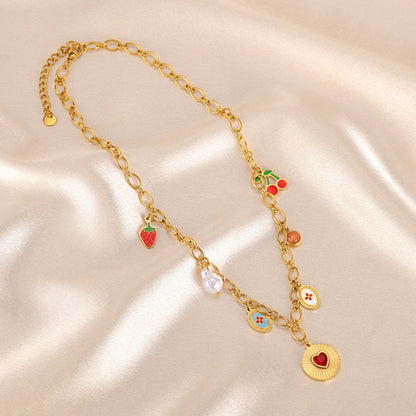 Ruby Strawberry Cherry Pearl Heart Pendant Gold Charm Necklace - Stainless Steel - Womens