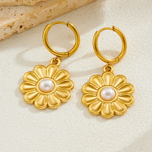 Boho Flower Pearl Pendant Gold Hoop Earrings - Womens