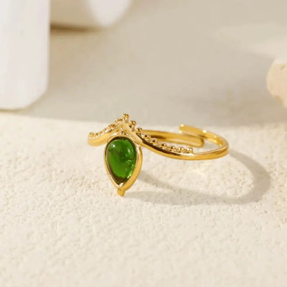 Princess Teardrop Stone Gold Crown Adjustable Ring - Red & Green - Womens