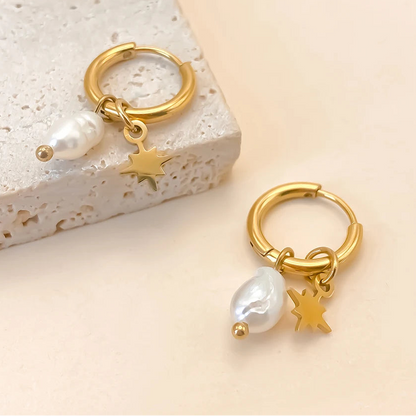 Dainty Star Baroque Pearl Dangle Gold Hoop Earrings - Stainless Steel - Womens