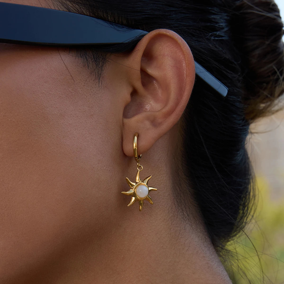 Celestial Moonstone Sun Gold Pendant Dangle Earrings - Womens