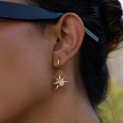 Celestial Moonstone Sun Gold Pendant Dangle Earrings - Womens