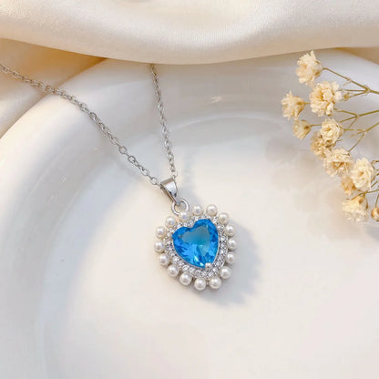 Vintage Zircon Pearl Heart Pendant Necklace - Gold & Silver - Womens