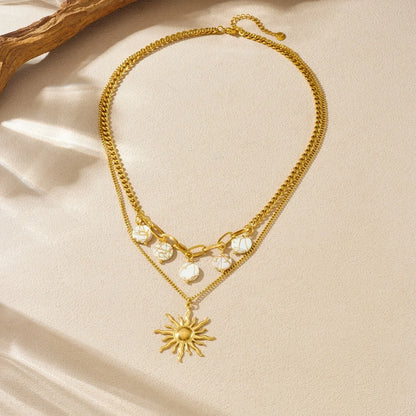 Boho Sun Pendant White Geometric Layered Gold Charm Necklace - Stainless Steel - Womens