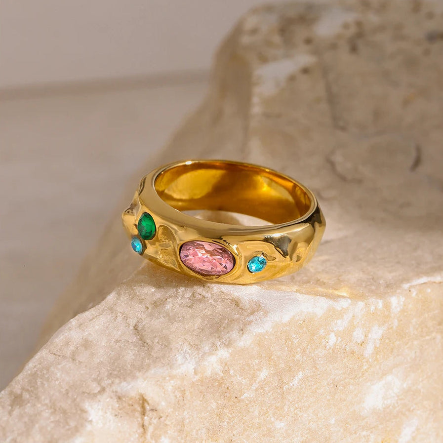 Zirconia Boho Pink, Blue & Green Gemstone Gold Ring - Stainless Steel - Womens