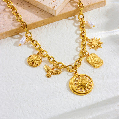 Sun Moon Pearl Pendant Gold Charm Necklace - Adjustable - Womens