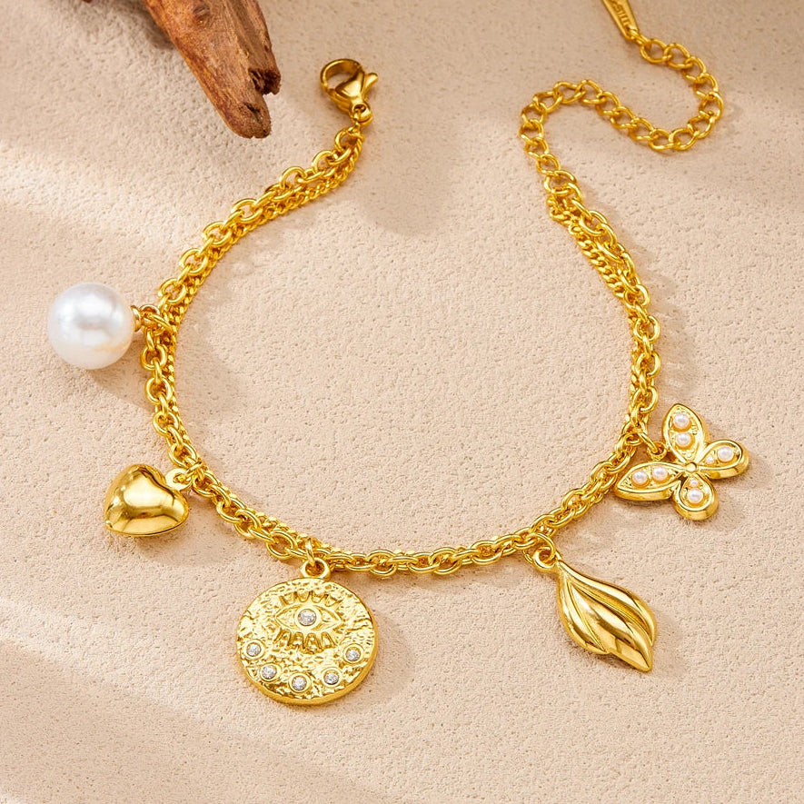 Coquette Butterfly Pearl Heart Zircon Evil Eye Gold Charm Bracelet - Womens