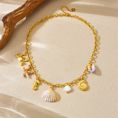 Beach Amber Starfish Conch Seashelll Pendant Gold Charm Necklace - Womens