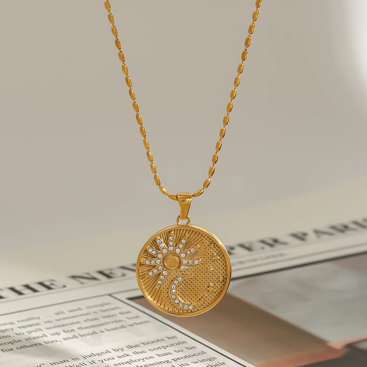 Vintage Sun Star and Moon Gold Pendant Necklace - Stainless Steel - Womens