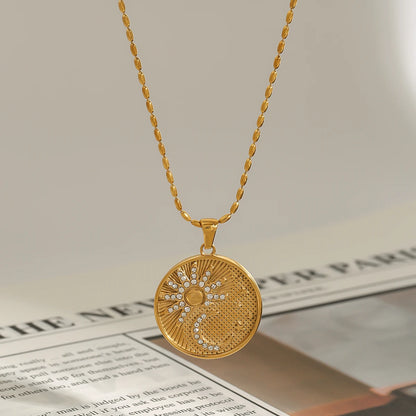 Vintage Sun Star and Moon Gold Pendant Necklace - Stainless Steel - Womens
