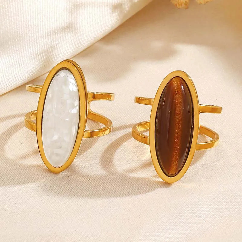 Vintage Boho Oval Pearl Brown Stone Tiger's Eye Ring - Stainless Steel - Womens
