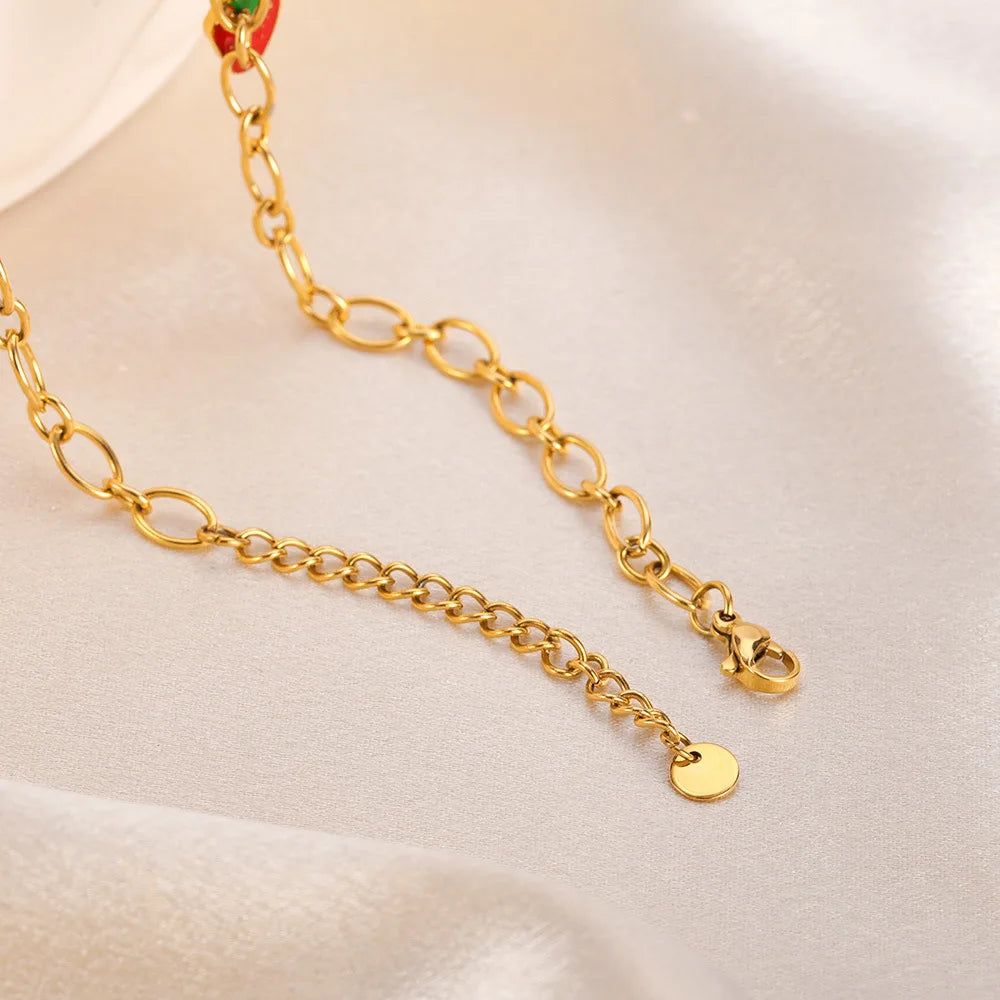 Ruby Strawberry Cherry Pearl Heart Pendant Gold Charm Necklace - Stainless Steel - Womens