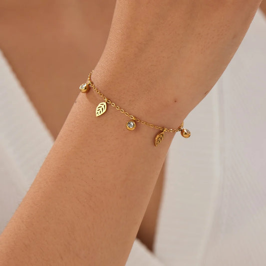 Boho Leaf Silver Zircon Gemstone Pendant Gold Charm Bracelet - Stainless Steel - Womens