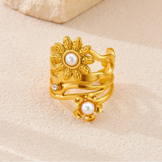 Boho Flower Pearl Inlay Gemstone Adjustable Gold Ring - Stainless Steel - Womens