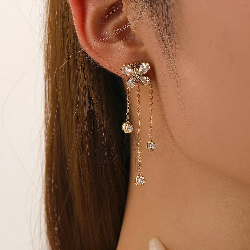 Y2K Zircon Butterfly Gold Dangling Earrings - Womens