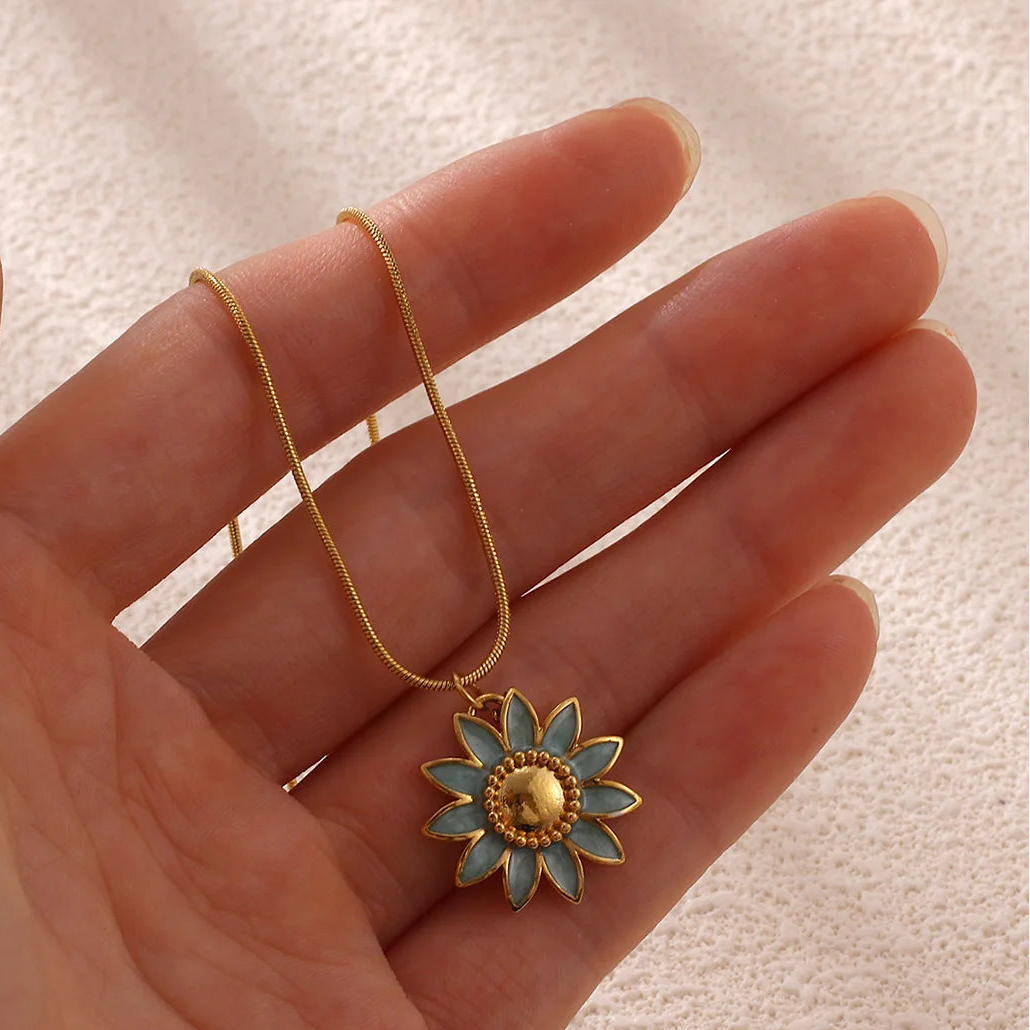 Vintage Sunflower Blue & Gold Pendant Necklace - Adjustable - Womens