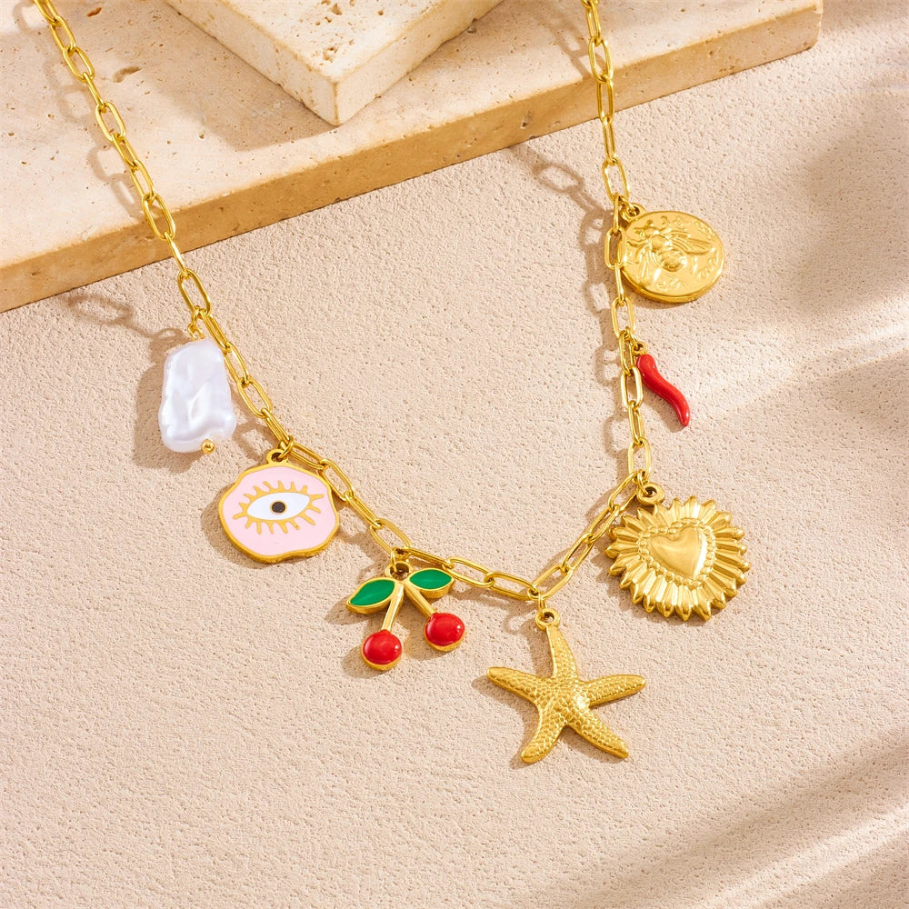 Starfish Cherry Pearl Evil Eye Heart Pendant Gold Charm Necklace - Stainless Steel - Womens