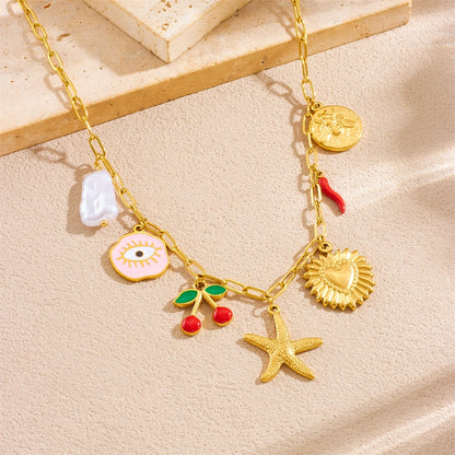 Starfish Cherry Pearl Evil Eye Heart Pendant Gold Charm Necklace - Stainless Steel - Womens