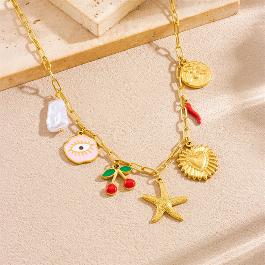 Starfish Cherry Pearl Evil Eye Heart Pendant Gold Charm Necklace - Stainless Steel - Womens