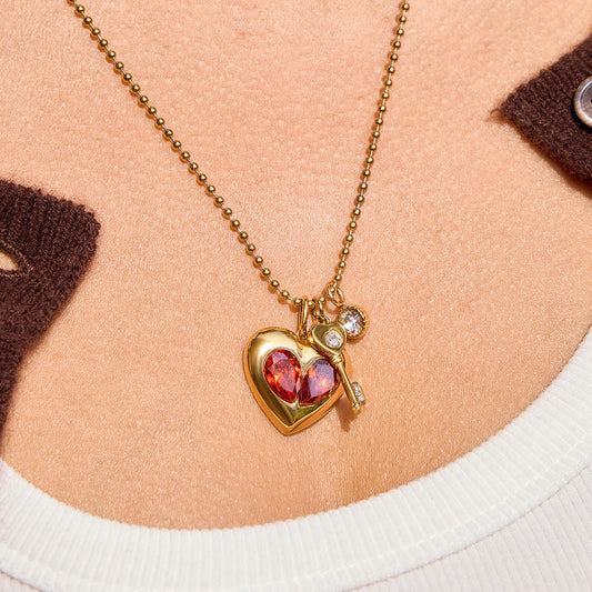 Red Zircon Heart and Key Gold Pendant Valentine's Gift Necklace - Womens