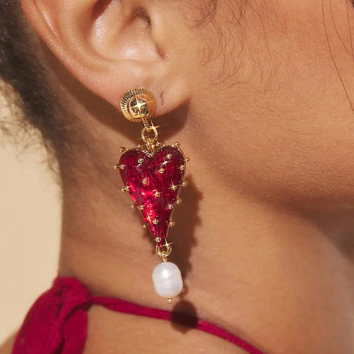 Baroque Red and Gold Heart Pearl Valentine's Day Dangle Earrings - Womens