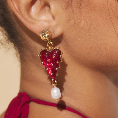 Baroque Red and Gold Heart Pearl Valentine's Day Dangle Earrings - Womens