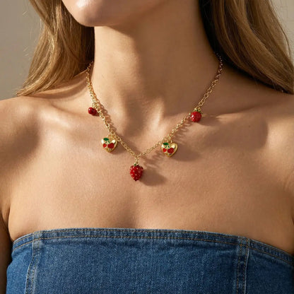 Y2K Strawberry Cherry Love Heart Pendant Gold Charm Necklace - Womens
