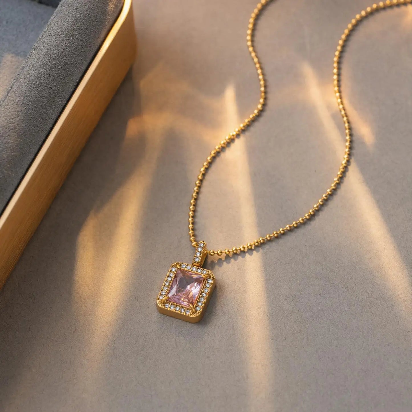 Zircon Square Pink Gemstone Gold Pendant Necklace - Stainless Steel - Womens