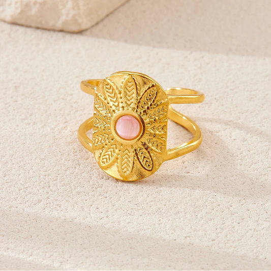 Boho Pink Stone Flower Leaf Inlay Gold Open Ring - Womens