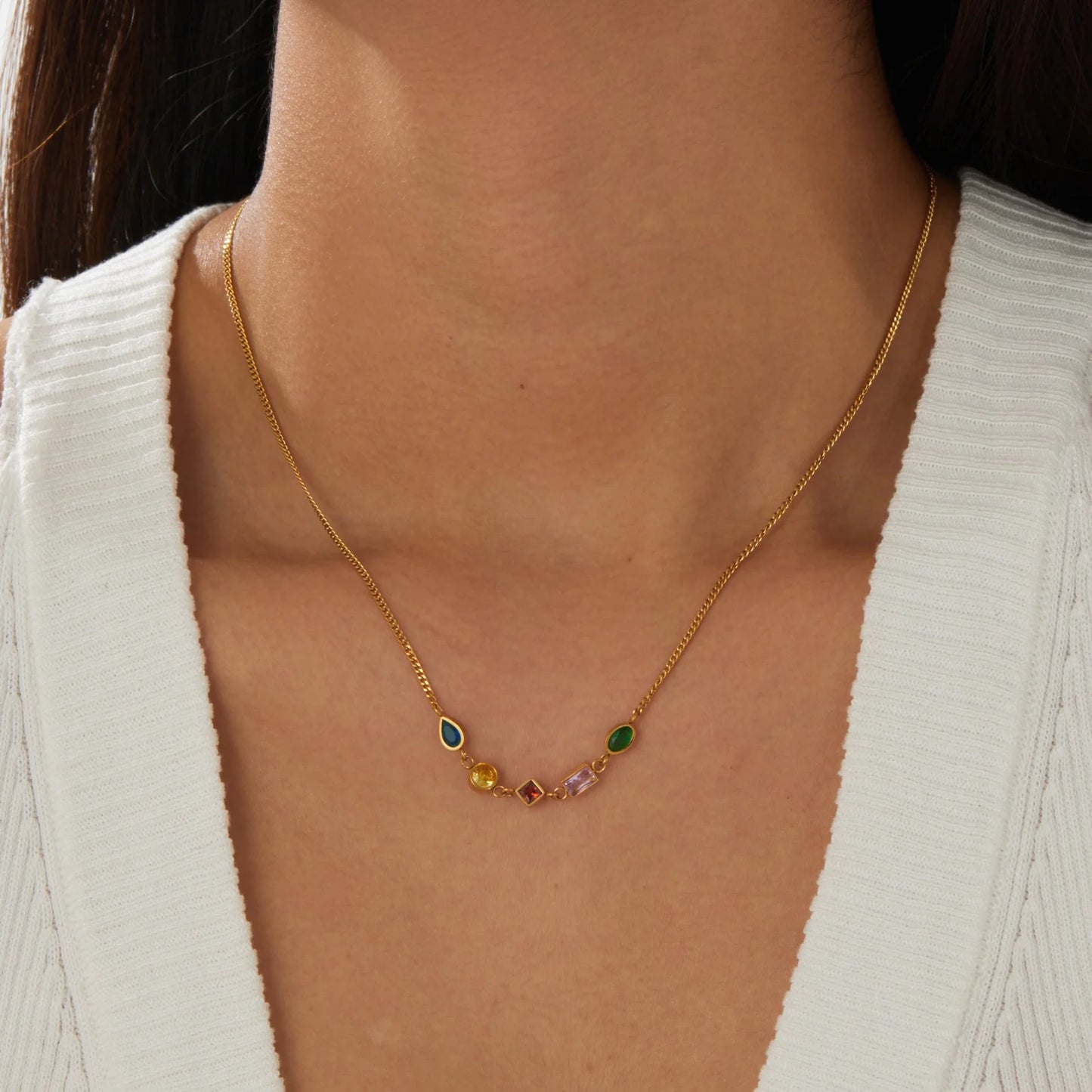 Crystal Rainbow Gemstone Gold Necklace - Stainless Steel - Womens