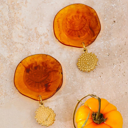 Vintage Amber Resin Evil Eye Gold Drop Earrings - Womens