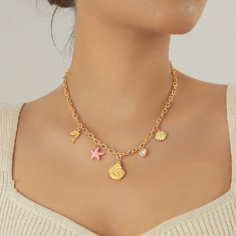 Boho Beach Starfish Conch Seashell Heart Pendant Gold Charm Necklace - Stainless Steel - Womens