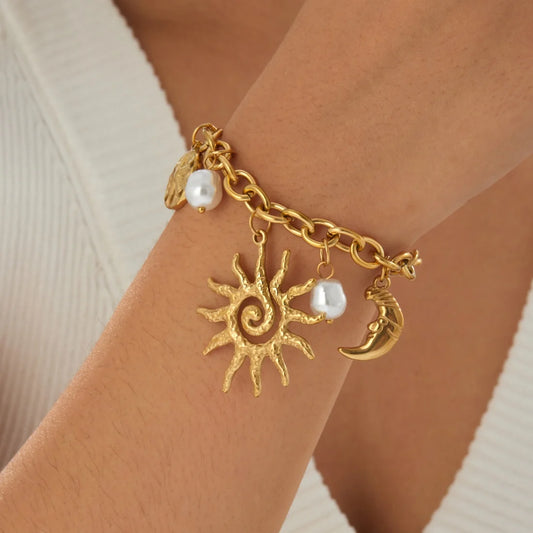 Boho Spiral Sun and Moon Pearl Pendant Gold Charm Bracelet - Stainless Steel - Womens