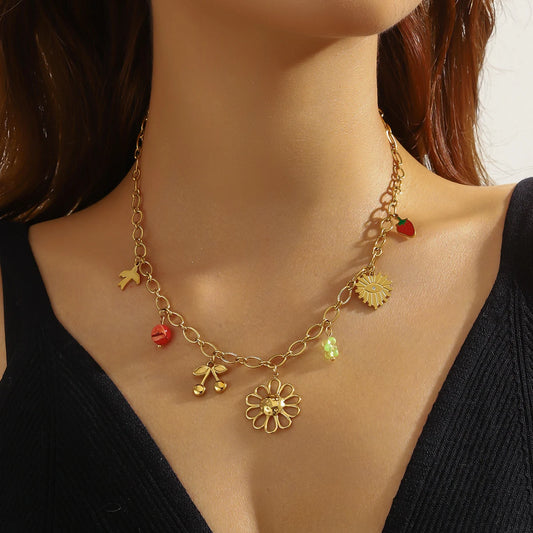 Flower Cherry Strawberry Evil Eye Pendant Gold Charm Necklace - Stainless Steel - Womens