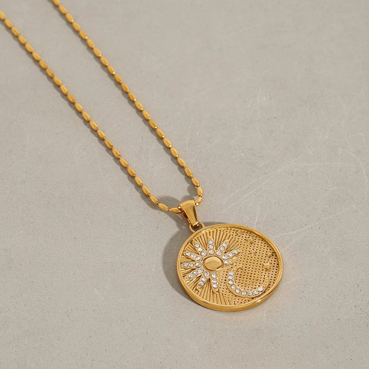 Vintage Sun Star and Moon Gold Pendant Necklace - Stainless Steel - Womens