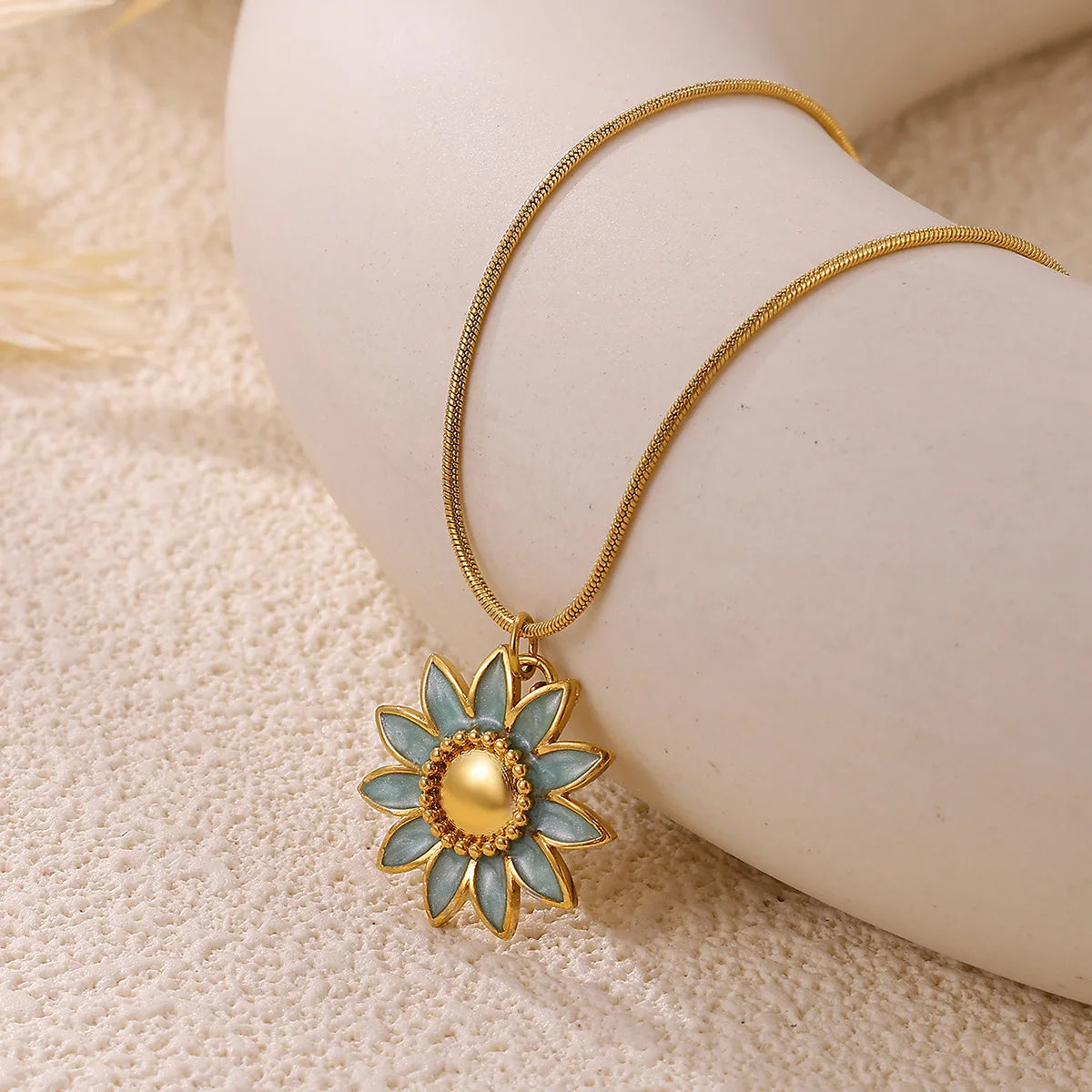 Vintage Sunflower Blue & Gold Pendant Necklace - Adjustable - Womens
