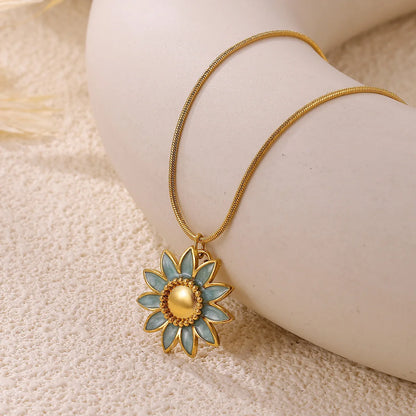 Vintage Sunflower Blue & Gold Pendant Necklace - Adjustable - Womens